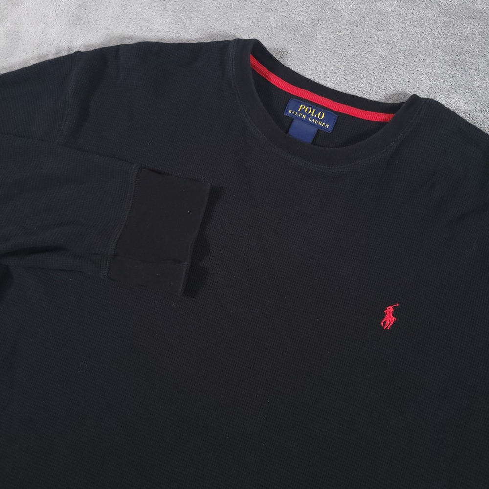 Polo Ralph Lauren Shirt Mens XL Black Red Pony Waffle Knit Crewneck Long Sleeve